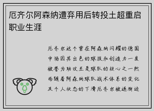 厄齐尔阿森纳遭弃用后转投土超重启职业生涯